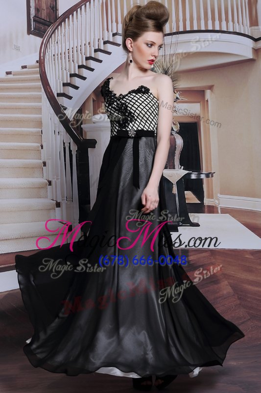 wholesale pretty chiffon asymmetric 3|4 length sleeve side zipper beading and appliques and hand made flower military ball gown in black