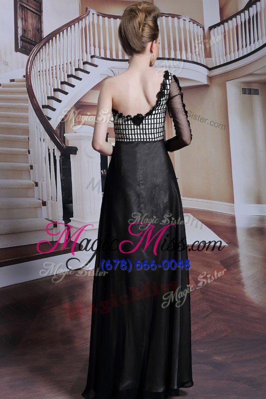 wholesale pretty chiffon asymmetric 3|4 length sleeve side zipper beading and appliques and hand made flower military ball gown in black