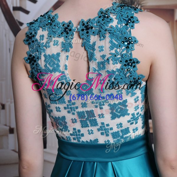 wholesale captivating scalloped sleeveless floor length beading and appliques clasp handle evening outfits with teal