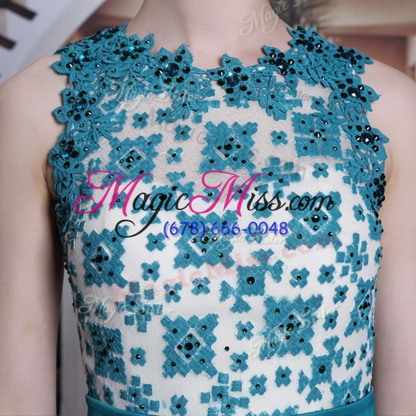 wholesale captivating scalloped sleeveless floor length beading and appliques clasp handle evening outfits with teal