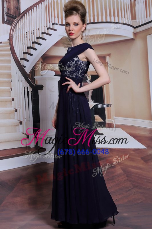 wholesale trendy chiffon bateau sleeveless side zipper lace prom gown in navy blue