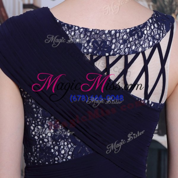 wholesale trendy chiffon bateau sleeveless side zipper lace prom gown in navy blue
