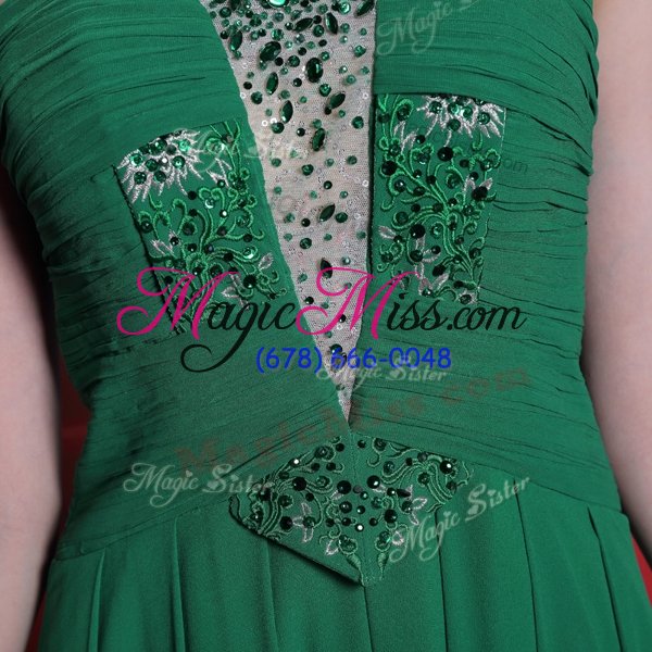 wholesale pretty teal column/sheath halter top sleeveless chiffon floor length zipper beading and ruching prom party dress