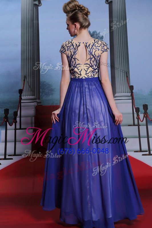 wholesale shining scoop cap sleeves floor length embroidery and sequins zipper prom evening gown with royal blue