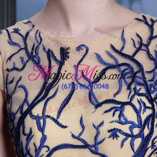 wholesale shining scoop cap sleeves floor length embroidery and sequins zipper prom evening gown with royal blue