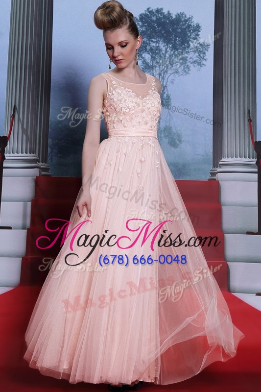 wholesale on sale scoop sleeveless evening gowns floor length lace baby pink chiffon