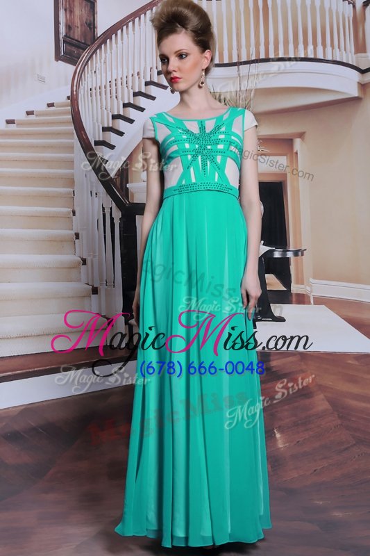 wholesale fabulous chiffon scoop cap sleeves side zipper beading prom evening gown in turquoise