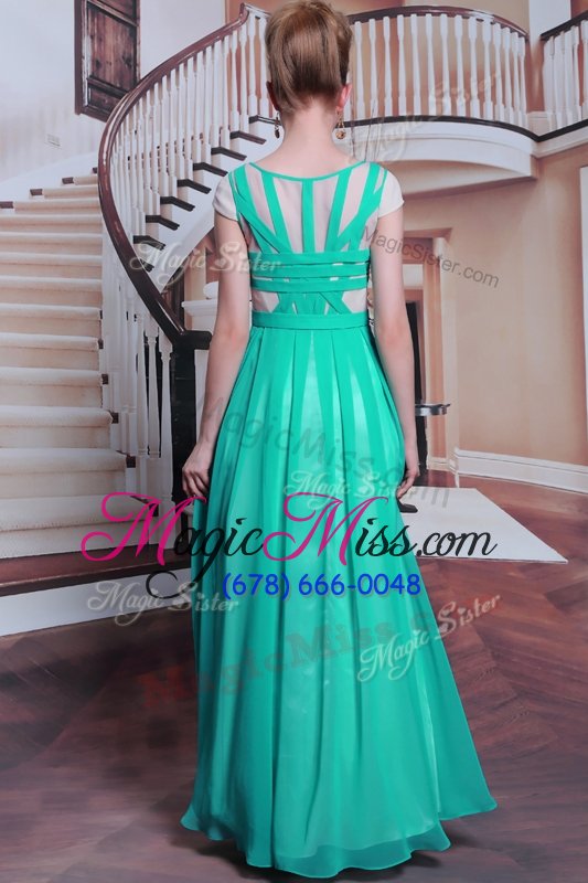 wholesale fabulous chiffon scoop cap sleeves side zipper beading prom evening gown in turquoise