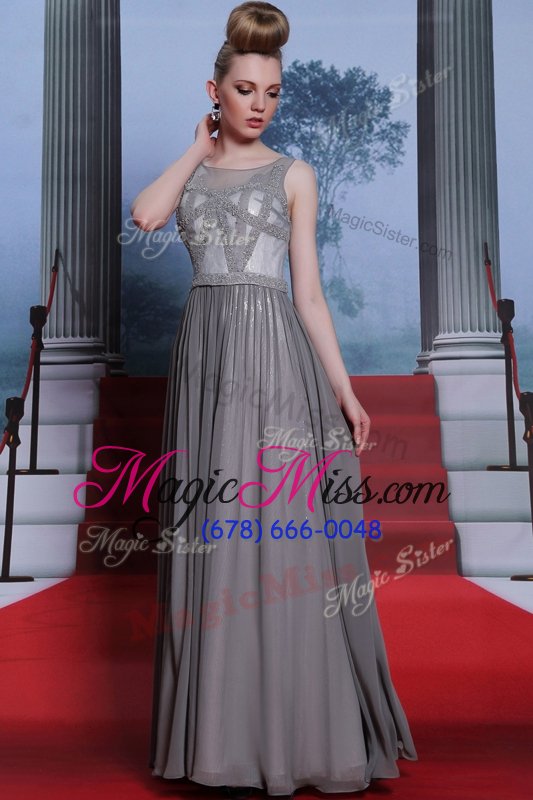wholesale cute scoop floor length grey dress for prom chiffon sleeveless beading