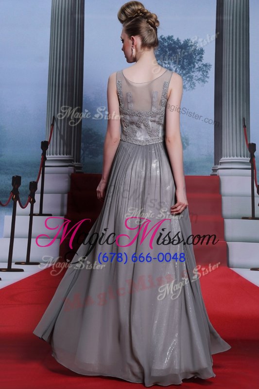 wholesale cute scoop floor length grey dress for prom chiffon sleeveless beading