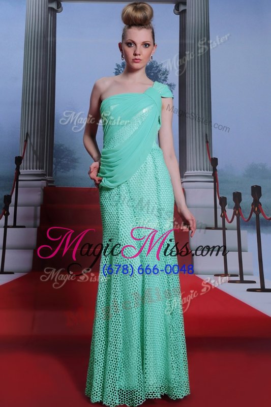 wholesale turquoise one shoulder side zipper ruching prom dress sleeveless
