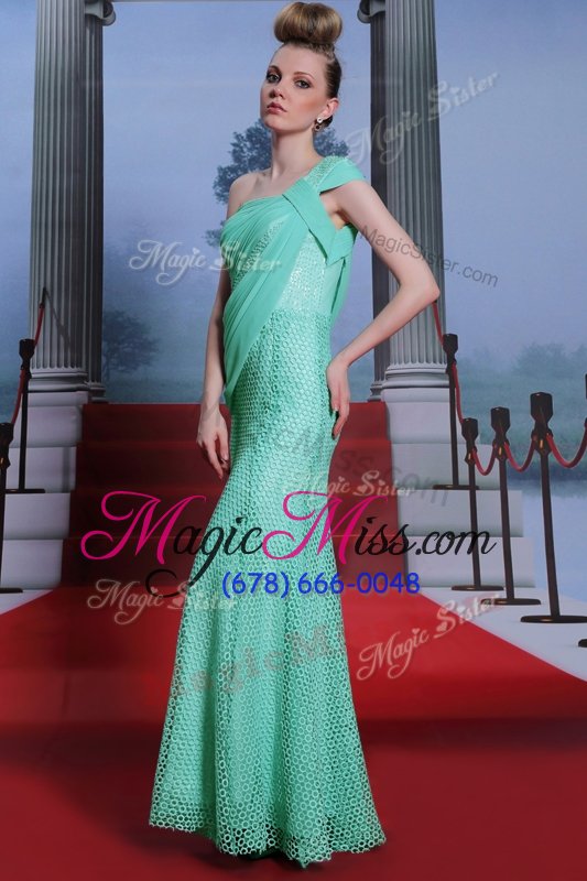wholesale turquoise one shoulder side zipper ruching prom dress sleeveless