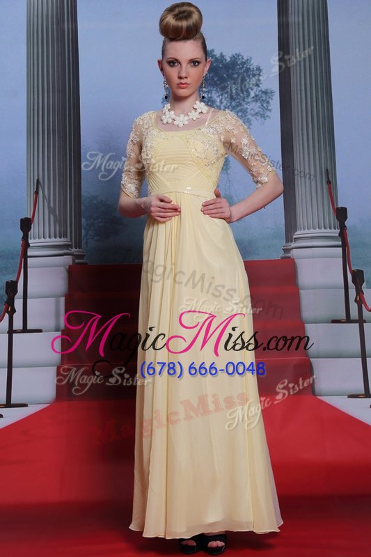 wholesale beauteous light yellow half sleeves lace and ruching floor length prom dresses
