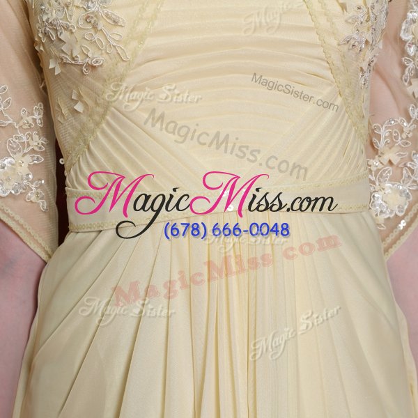 wholesale beauteous light yellow half sleeves lace and ruching floor length prom dresses