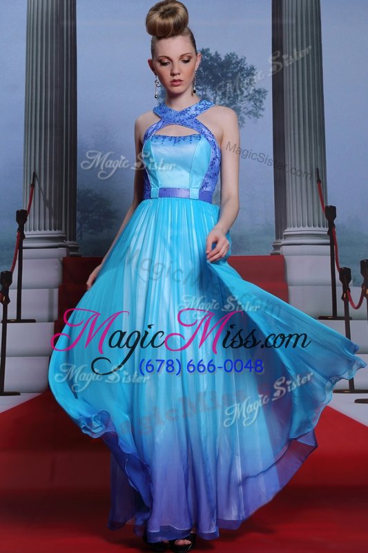wholesale shining scoop floor length zipper prom party dress baby blue and in for prom with beading and belt