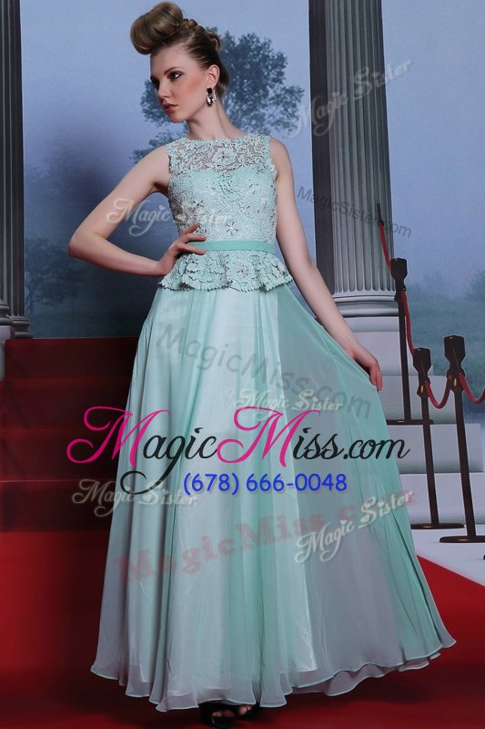 wholesale perfect light blue chiffon side zipper scoop sleeveless floor length prom party dress lace and belt