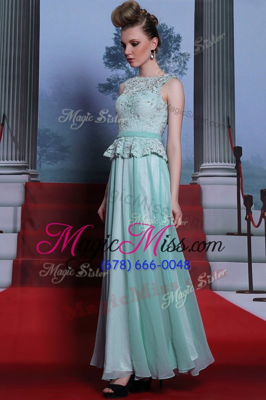 wholesale perfect light blue chiffon side zipper scoop sleeveless floor length prom party dress lace and belt