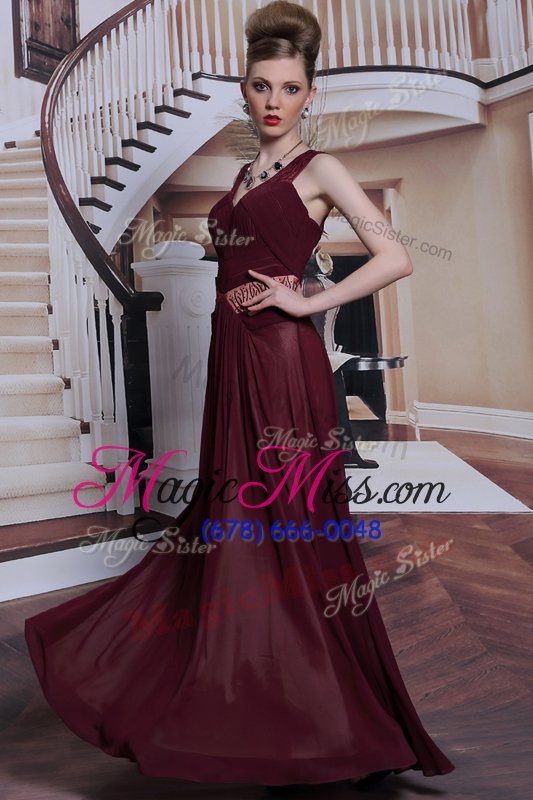 wholesale modest dark purple sleeveless floor length beading and ruching zipper prom party dress