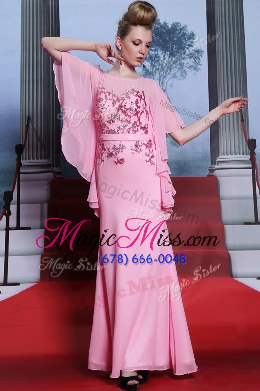 wholesale lovely rose pink column/sheath scoop half sleeves chiffon floor length zipper beading prom evening gown