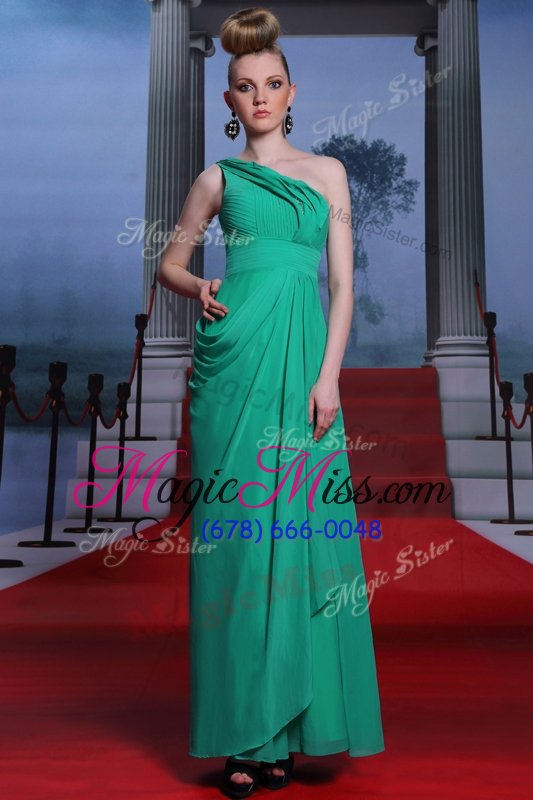 wholesale chic turquoise chiffon side zipper one shoulder sleeveless floor length prom evening gown beading and ruching