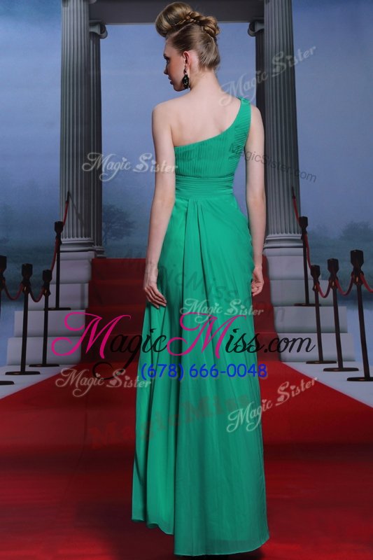 wholesale chic turquoise chiffon side zipper one shoulder sleeveless floor length prom evening gown beading and ruching