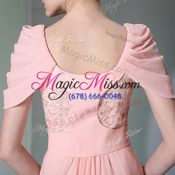 wholesale elegant scoop baby pink side zipper beading cap sleeves floor length