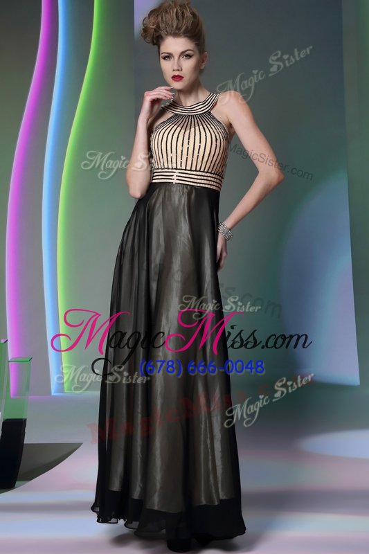 wholesale cheap halter top floor length empire sleeveless black and champagne prom evening gown side zipper