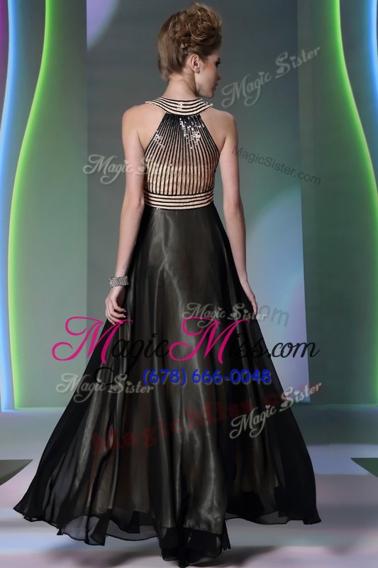 wholesale cheap halter top floor length empire sleeveless black and champagne prom evening gown side zipper
