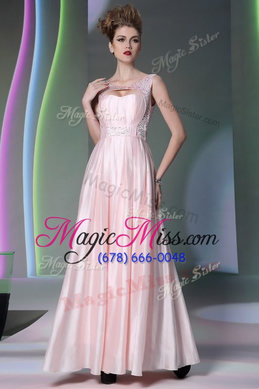 wholesale suitable baby pink empire silk like satin scoop sleeveless beading floor length zipper prom dress