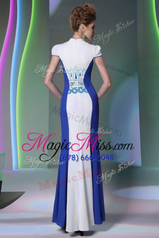 wholesale inexpensive royal blue column/sheath v-neck cap sleeves chiffon floor length zipper embroidery red carpet prom dress