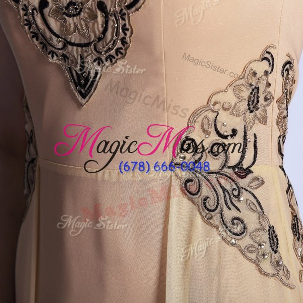wholesale latest peach chiffon side zipper scoop cap sleeves floor length homecoming dress beading and appliques