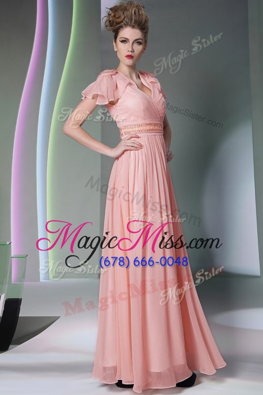 wholesale great pink cap sleeves floor length beading and ruching side zipper evening dress