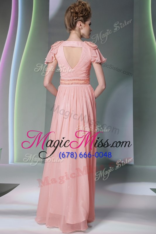 wholesale great pink cap sleeves floor length beading and ruching side zipper evening dress