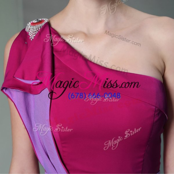 wholesale exquisite fuchsia column/sheath one shoulder sleeveless chiffon high low side zipper beading and sashes|ribbons