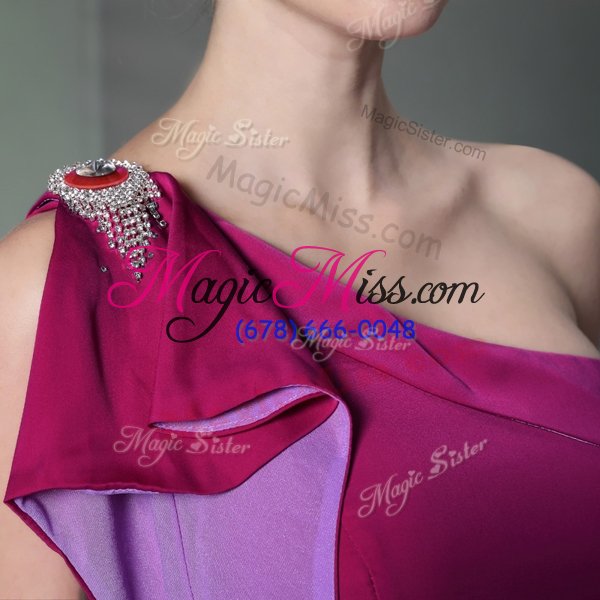 wholesale exquisite fuchsia column/sheath one shoulder sleeveless chiffon high low side zipper beading and sashes|ribbons