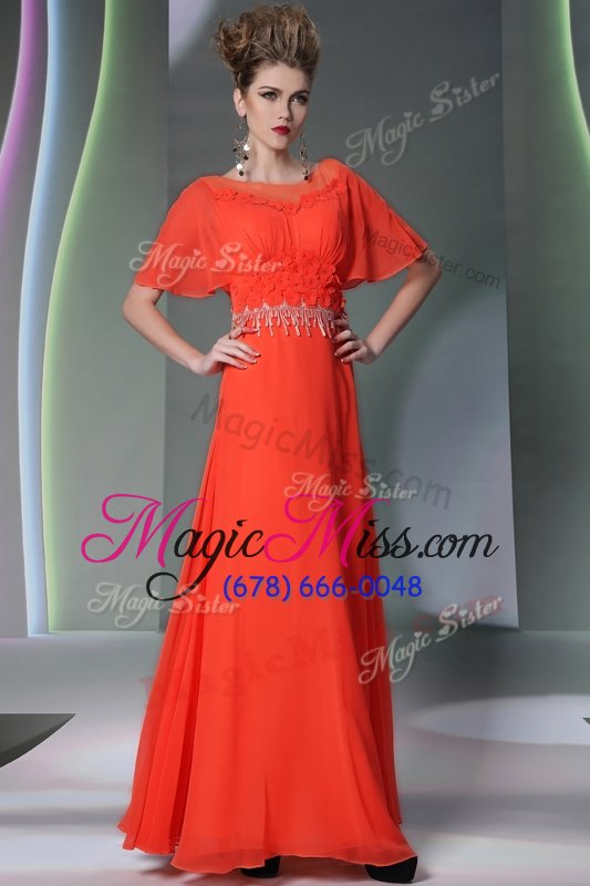 wholesale traditional scoop short sleeves mother of the bride dress ankle length appliques orange chiffon