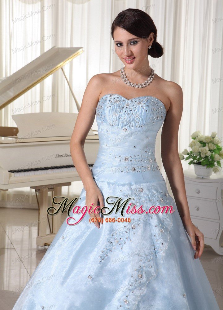 wholesale organza appliques with beading over skirt sweetheart light blue a-line quinceanera dress for military ball