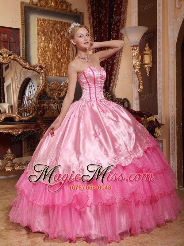 wholesale rose pink ball gown sweetheart floor-length taffeta and oragnza embroidery quinceanera dress