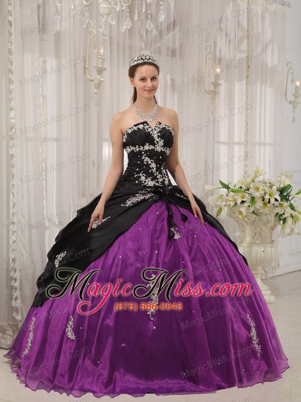 wholesale black and purple ball gown strapless floor-length taffeta and organza apppliques quinceanera dress