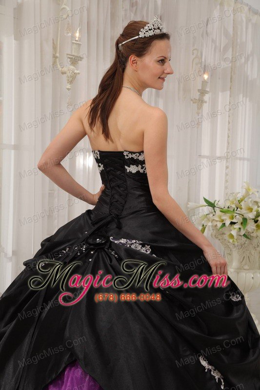 wholesale black and purple ball gown strapless floor-length taffeta and organza apppliques quinceanera dress