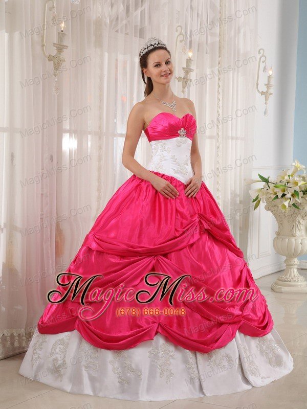 wholesale coral red and white ball gown sweetheart floor-length taffeta appliques quinceanera dress