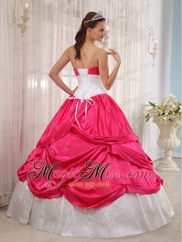 wholesale coral red and white ball gown sweetheart floor-length taffeta appliques quinceanera dress