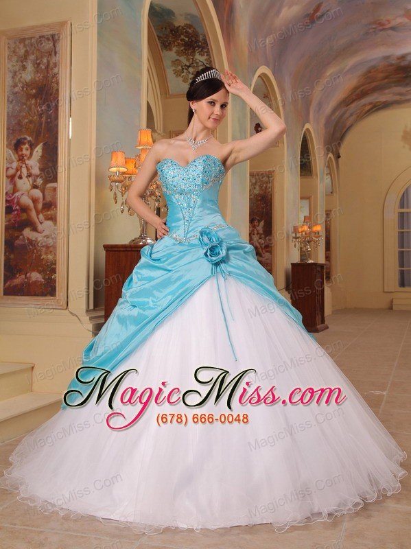 wholesale aqua blue and white a-line / princess sweetheart floor-length beading tulle and taffeta quinceanera dress