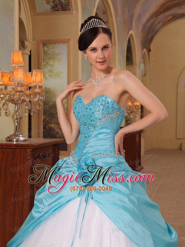 wholesale aqua blue and white a-line / princess sweetheart floor-length beading tulle and taffeta quinceanera dress