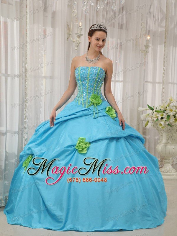 wholesale baby blue ball gown strapless floor-length taffeta beading and hand flowers quinceanera dress