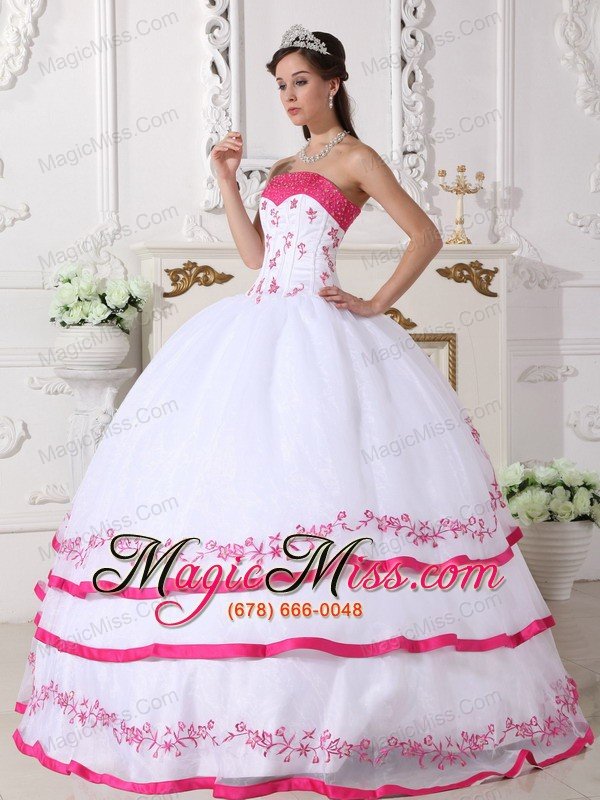 wholesale white and hot pink ball gown strapless floor-length organza beading and embroidery quinceanera dress