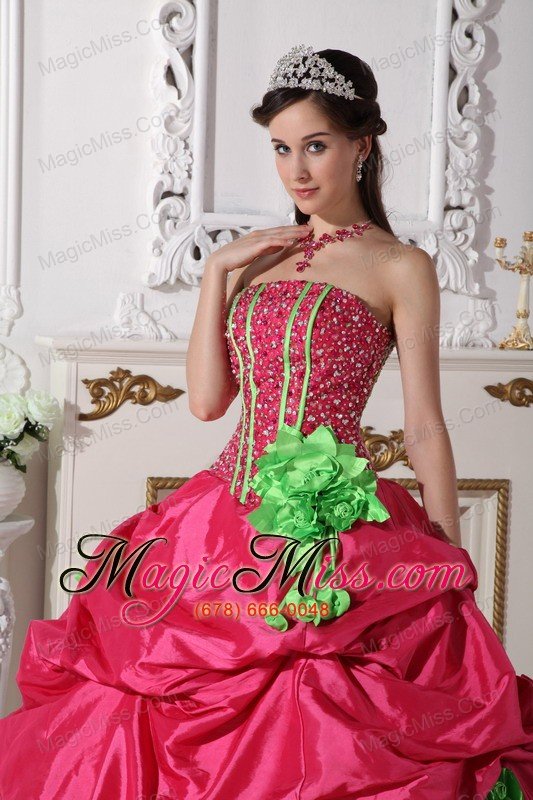 wholesale coral red ball gown strapless floor-length taffeta beading and hand made flowers quinceanera dress