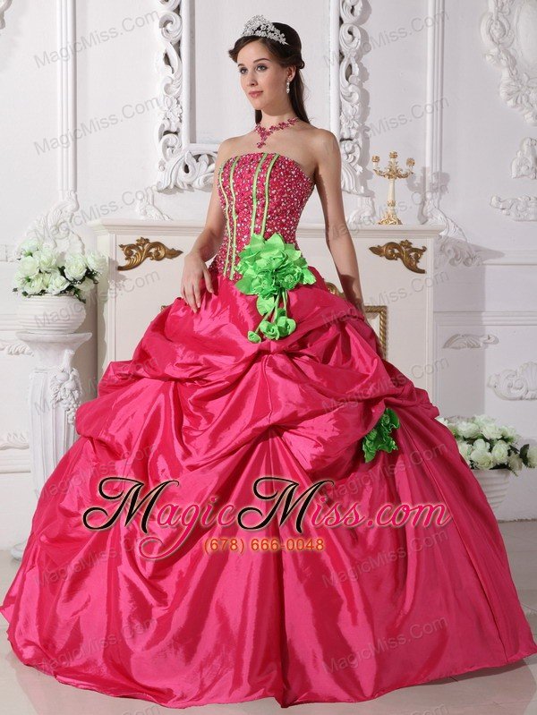 wholesale coral red ball gown strapless floor-length taffeta beading and hand made flowers quinceanera dress