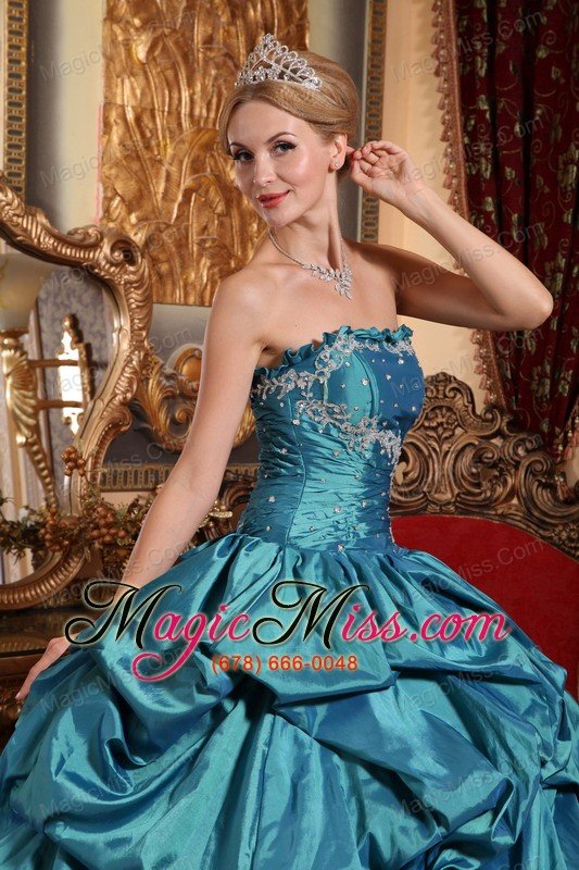 wholesale teal ball gown strapless floor-length taffeta appliques and pick-ups prom dress