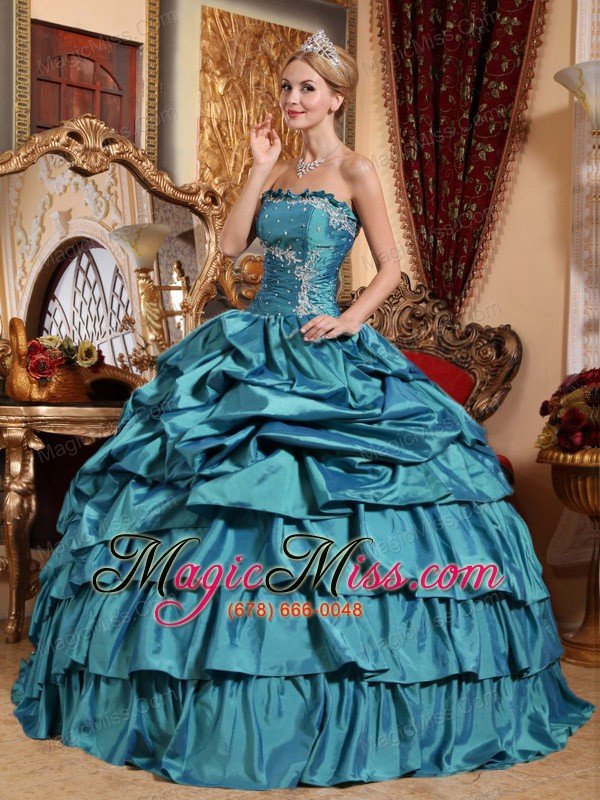 wholesale teal ball gown strapless floor-length taffeta appliques and pick-ups prom dress